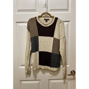 Vintage Liberty Mens Cable Knit Sweater Size L Brown Colorblock Made in USA